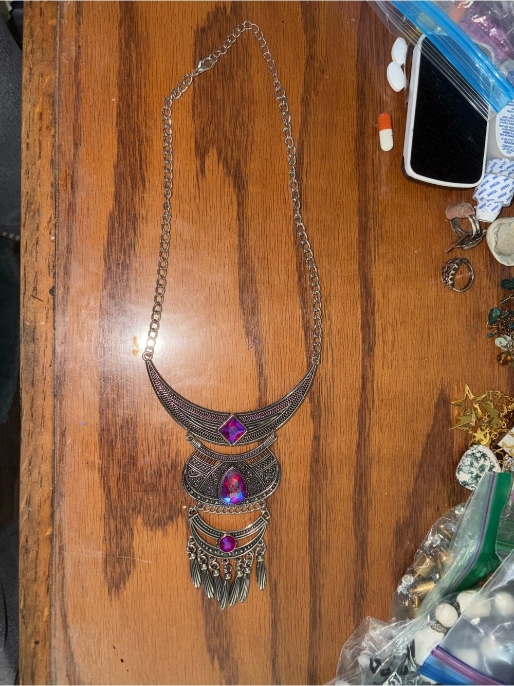 Boho Silver-Tone Statement Necklace with Purple Gemstones 12 inches